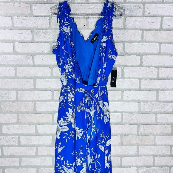 Lulu's NWT Sun Salutation Royal Blue Floral Print Ruffled Wrap Maxi Dress Size L - Picture 4 of 12